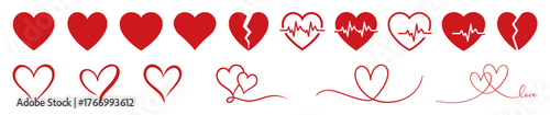 Red heart icon set and line art hearts, including broken hearts and heartbeat symbols. Perfect for love, Valentine’s Day, romance, wedding, and emotional design. Heart, love, red heart.