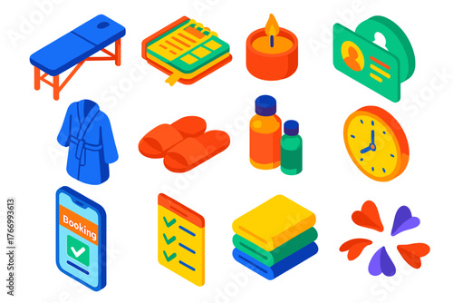 Spa Scheduling Icons. Isometric vector illustration set Spa and Wellness Scheduling Icons: massage table, planner notebook,