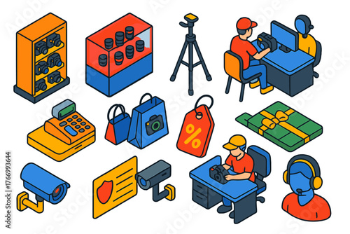 Camera Store Icons. Isometric vector illustration set Camera Store Icons: camera display shelf, lens display case, tripod stand,