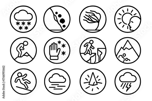 Weather Hazard Icons. Line style icons of weather and hazards in round shape: snowstorm, falling rocks, high winds, sun exposure;