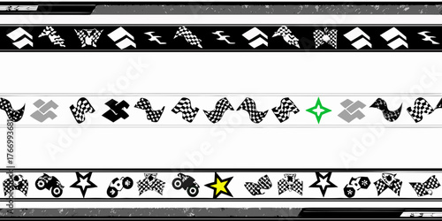 Collection of racing themed graphic elements and borders with checkered flags and vehicles
