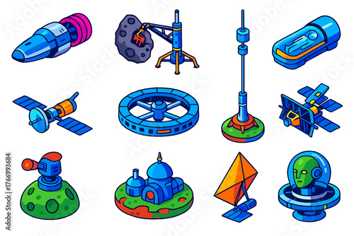Future Space Icons. Isometric vector illustration set Future Space Concepts Icons: warp drive spaceship, asteroid mining rig,