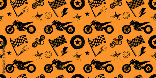 Dynamic motorcycle racing pattern with checkered flags stars and lightning bolts on orange background