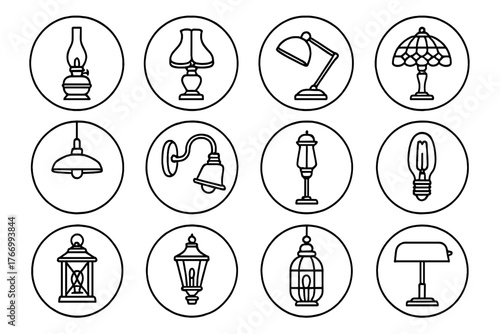 Vintage Lamp Icons. Line style icons of vintage lamps in round shape: antique oil lamp, victorian table lamp, classic desk lamp,