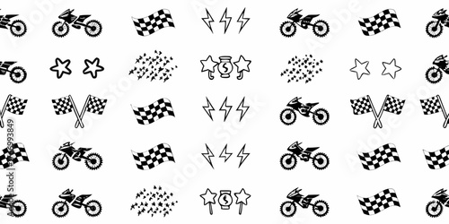 Motocross racing icons including checkered flags lightning bolts stars and money symbols in a repeating pattern