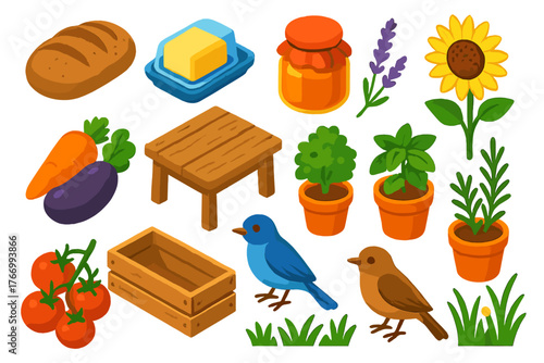 Rustic Food and Nature. Isometric vector illustration set featuring food and nature: loaf of rustic bread, butter dish, honey jar,