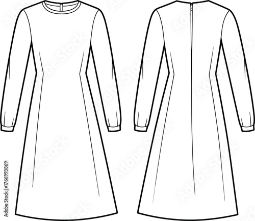 Long-sleeve A-line dress template, front and back view, round neckline, gathered cuff detail, fashion sketch, vector garment design, clothing mockup