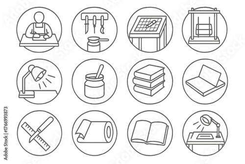 Bookbinding Workspace Icons. Line style icons of binding workspace in round shape: bookbinder at desk, tool rack, cutting table,