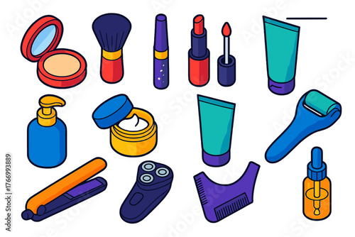 Vibrant Grooming Essentials. Isometric vector illustration set Makeup, Skincare, and Grooming: pressed powder compact, kabuki