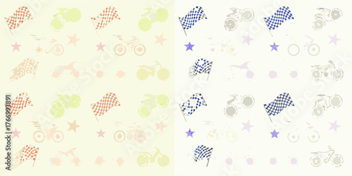 Whimsical motorcycle racing pattern with checkered flags and stars in pastel colors