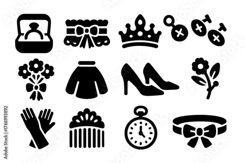 Marriage Accessory Icons. Solid style icons of Marriage accessories: ring box, garter, tiara, cufflinks, bouquet ribbon, veil clip