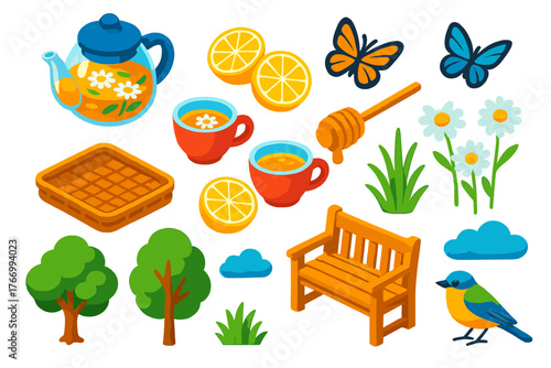 Tea Garden Serenity. Isometric vector illustration set featuring food and nature: herbal tea pot, tea cups, lemon slices, honey