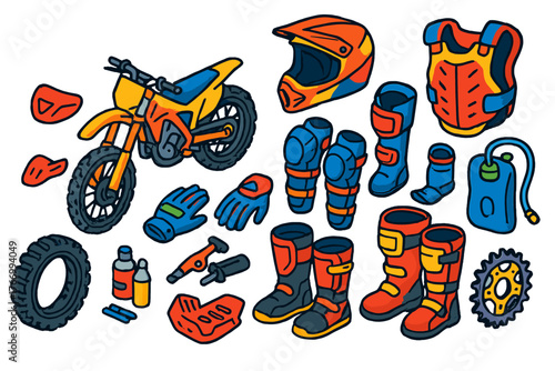 Off-Road Gear Essentials. Isometric vector illustration set Off-road Race Gear Outline Style: dirt bike, motocross helmet, chest