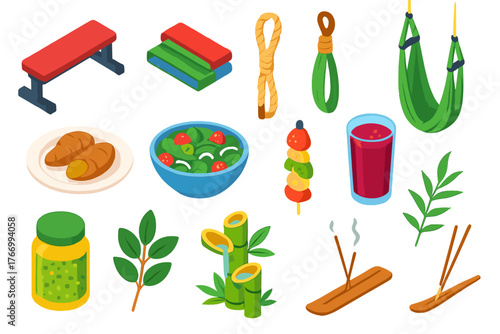 Health Icons Collection. Isometric vector illustration set Healthy Lifestyle: exercise bench, glute bands, climbing rope, yoga