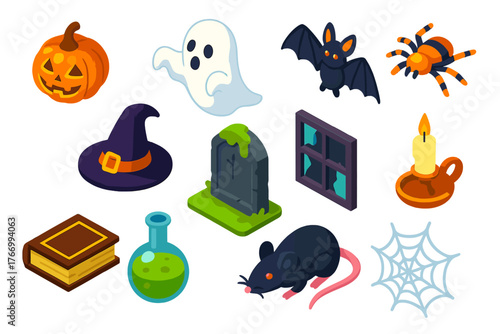 Haunted House Icons. Isometric vector illustration set Haunted House Accessories: pumpkin lantern, ghost peeking, bat hanging