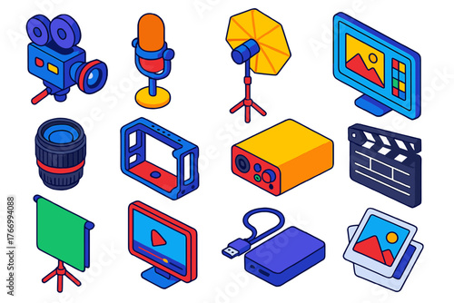 Media Creation Tools. Isometric vector illustration set Media Creation and Publishing: film camera, podcast mic, umbrella light,