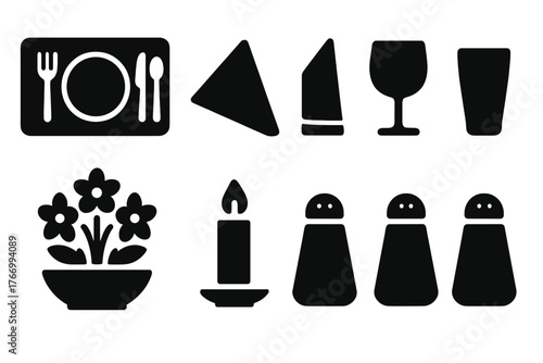 Elegant Table Icons. Solid style icons of Table setting: placemat, plate, fork, knife, spoon, napkin, wine glass, water glass,