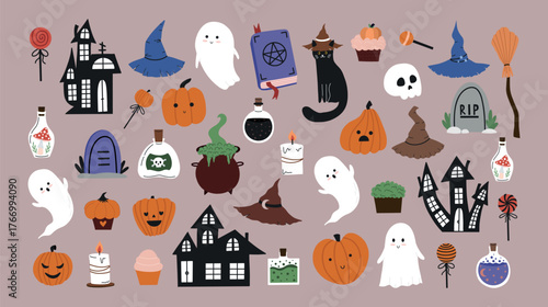 Hand drawn Halloween clipart set with ghosts, pumpkins, cat, potions, and haunted houses. Perfect for spooky cute designs, stickers, prints, and seasonal illustrations.