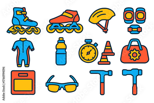 Skate Racing Icons. Isometric vector illustration set Skate Racing Icons Outline Style: inline skates, speed skates, skate helmet,
