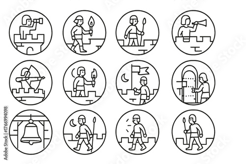 Castle Watch Icons. Line style icons of castle watch and patrol in round shape: lookout on tower, patrol with torch, guard walking