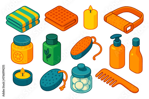 Spa Essentials Icons. Isometric vector illustration set featuring towel, candle, and bath supplies: striped bath towel, waffle