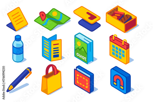 Guest Welcome Package Icons. Isometric vector illustration set Guest Welcome Package Icons: welcome letter, map, keycard, snack