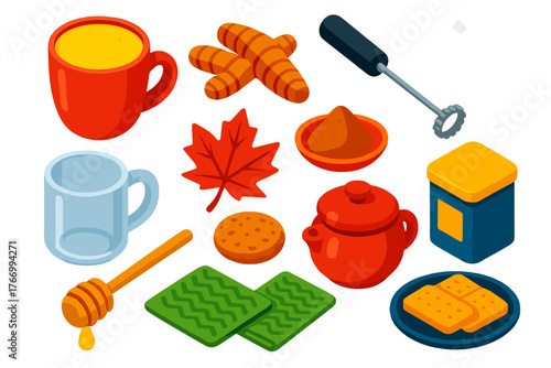 Autumn Beverage Icons. Isometric vector illustration set autumn drinks and tea: turmeric latte, turmeric root, milk frother, glass