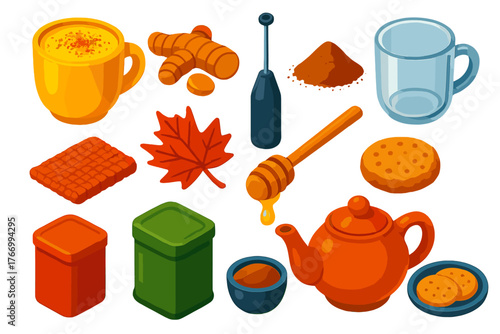 Autumn Beverage Icons. Isometric vector illustration set autumn drinks and tea: turmeric latte, turmeric root, milk frother, glass