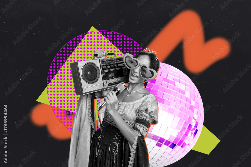 © deagreez - Zine image 3d poster art collage of happy duchess girl sing microphone boombox recorder music disco ball celebration party