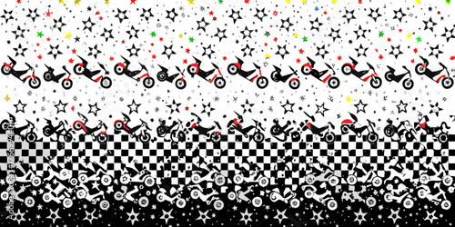 Dynamic motorcycle parade with colorful stars and checkerboard pattern