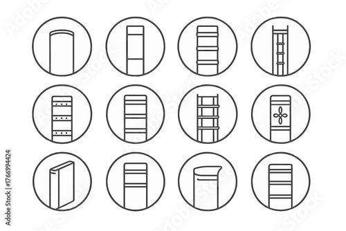 Book Spine Icons. Line style icons of book spines in round shape: rounded spine, flat spine, raised bands, stitched spine; exposed