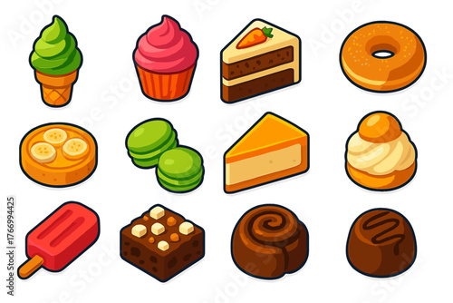 Colorful Dessert Icons. Isometric vector illustration set dessert icons: matcha ice cream, strawberry frosting cupcake, carrot
