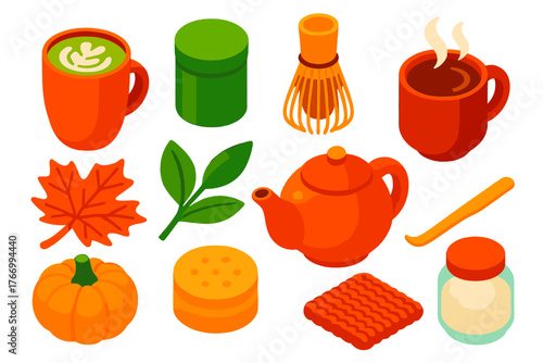Autumn Tea Icons. Isometric vector illustration set autumn drinks and tea: matcha latte, bamboo whisk, matcha tin, steaming mug,