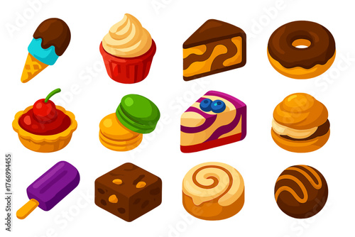Bold Dessert Icons. Isometric vector illustration set dessert icons: dipped waffle ice cream, whipped frosting cupcake, marble