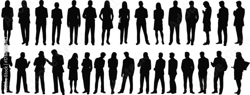 Business silhouettes, professional figures, corporate attire, standing poses, career icons, workplace diversity, office team, black silhouettes, staff illustration, posture