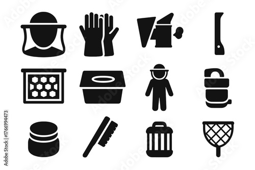 Bee Accessories Icons. Solid style icons of Bee accessories: veil, gloves, smoker, hive tool, frame, feeder, protective suit,