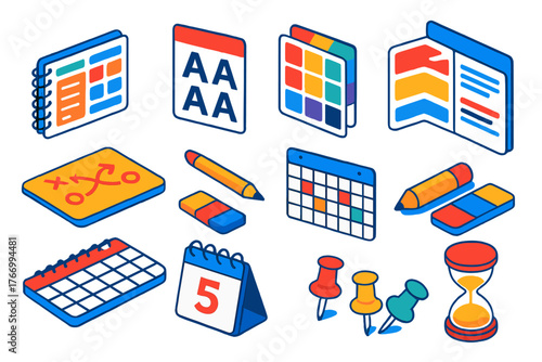 Isometric Branding Tools. Isometric vector illustration set branding and planning: design system kit, font samples sheet, color