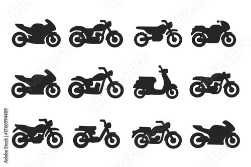 Various Motorcycle Icons. Solid style icons of Motorcycles and bikes: sport bike, cruiser, dirt bike, touring bike, electric