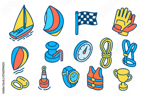 Sailing Regatta Icons. Isometric vector illustration set Sailing Regatta Icons Outline Style: racing sailboat, spinnaker sail,
