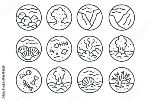 Seafloor Icons Collection. Line style icons of sea floor environment in round shape: rocky terrain, sediment cloud, trench slope,