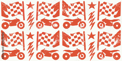 Red checkered racing flags and motorcycles with stars and lightning bolts on a white background