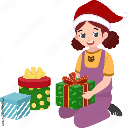 Girl in Santa Hat Holding Christmas Gifts Vector Illustration