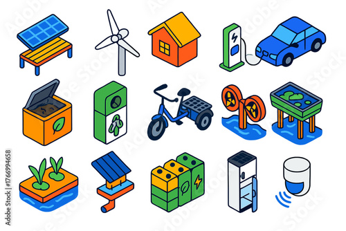 Sustainable Tech Icons. Isometric vector illustration set technology and sustainability: solar panel bench, residential wind rotor