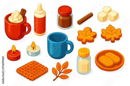 Autumn Drinks Icons. Isometric vector illustration set autumn drinks and tea: spiced hot chocolate, whipped cream, cocoa powder