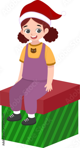 Cute Girl Sitting on Big Gift Box in Santa Hat Vector