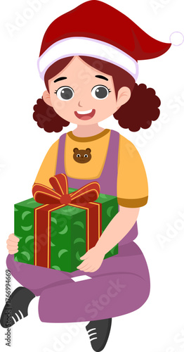 Happy Girl Holding Wrapped Christmas Gift Vector Illustration