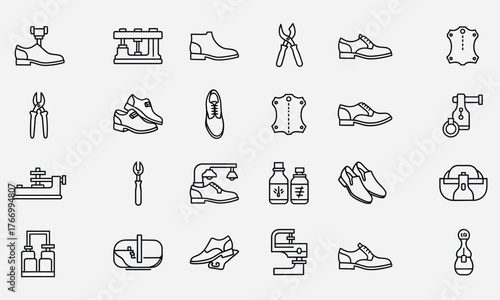 Set of Cobbler Tools and Footwear Icons for Shoe Repair