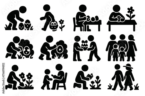 Easter Activities Icons. Solid style icons of Easter activities: egg hunt, basket carrying, painting eggs, decorating eggs, hiding