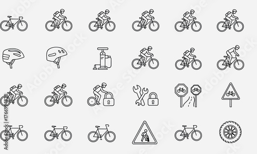 A comprehensive set of cycling line icons, including bicycles, riders, safety equipment, and road signs for web and print design