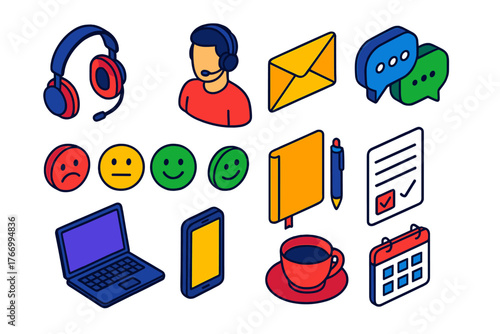 Customer Support Icons. Isometric vector illustration set headset, support agent, email, messaging, feedback, inquiry: slim